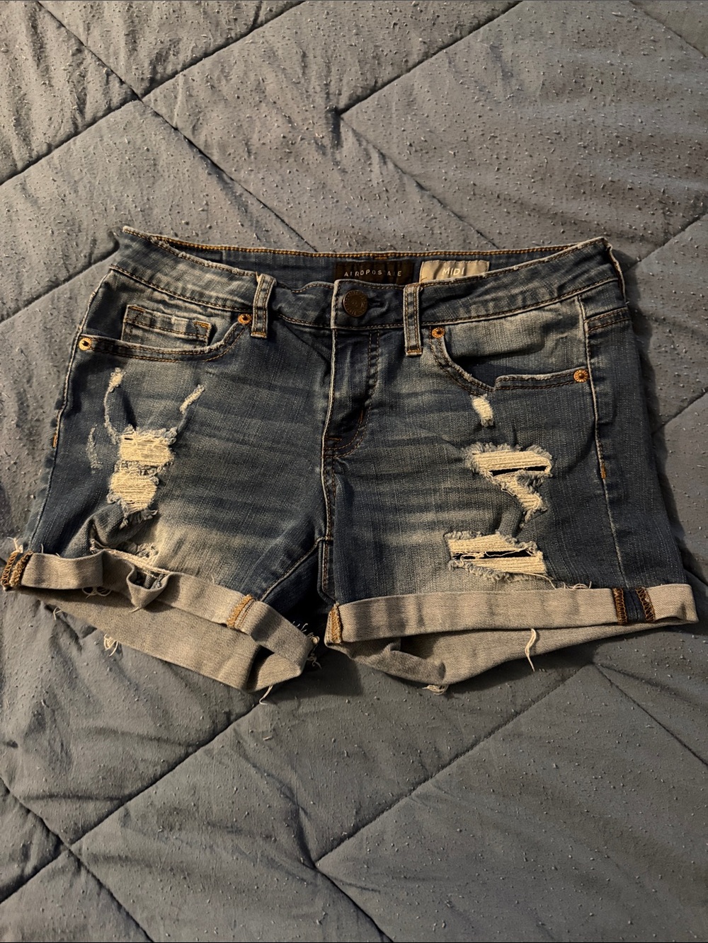 Aeropostale Distressed Rolled Cuff Denim Shorts - Blue